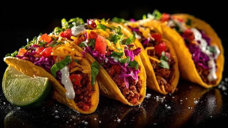 Frische Tacos mit Hackfleisch, Käse, Salsa und Limette bei Mexican Town in Aachen